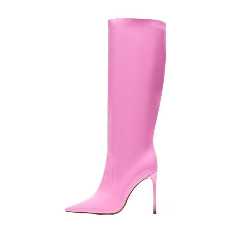 European and American Export Style Slimming Pointed-Toe Patent Leather Knee-High Boots, Size 45, Large Size Riding Boots, Spring and Autumn Slip-On Stiletto Heel Women's Fashion Boots