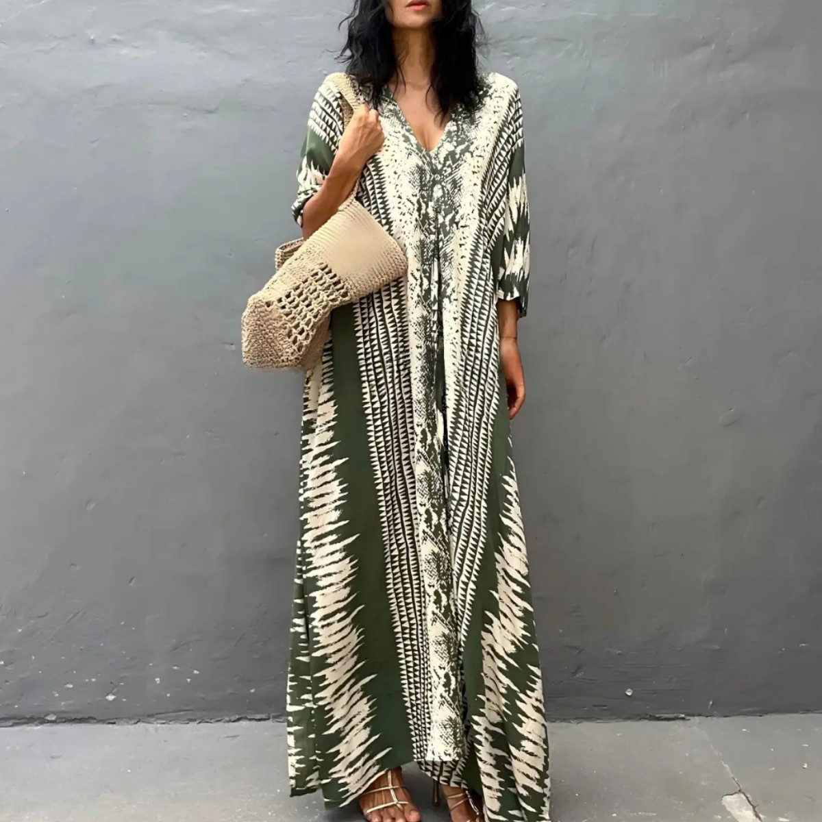 Cross-Border New Rayon Drawstring Beach Cover-Up Vacation Robe Sun Protection Beach Cover-Up Loose Plus Size Dress
