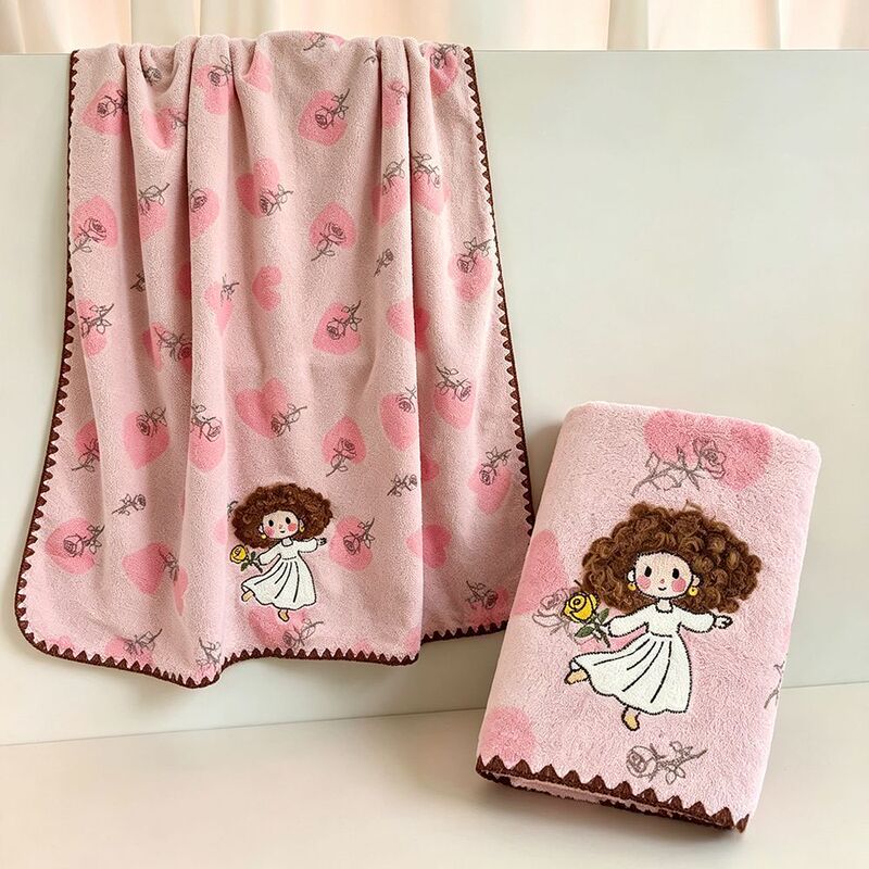 Cross-border supply of cute embroidered rose girl coral fleece bath towel, soft, absorbent, thickened and enlarged Cross-border supply of cute embroidered rose girl coral fleece bath towel, soft, absorbent, thickened and enlarged