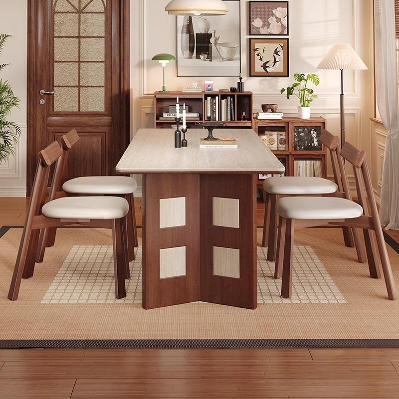 Mesa de comedor Carmen de madera maciza de estilo medio, tablero de roca travertino 2024 nuevo hogar pequeño apartamento francés retro familia nórdica