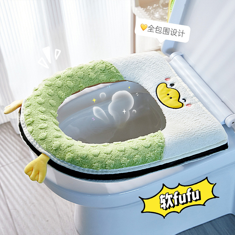2024 New Toilet Seat Cover Winter Thick Fleece Four-Season Universal Home Bathroom Zipper Style Toilet Seat Ring Pad