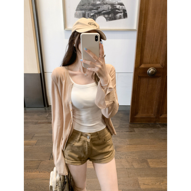 Lyocell Tencel Khaki Thin Long-Sleeved Knitted Cardigan for Women in Summer with Suspenders and Sun Protection Jacket Top