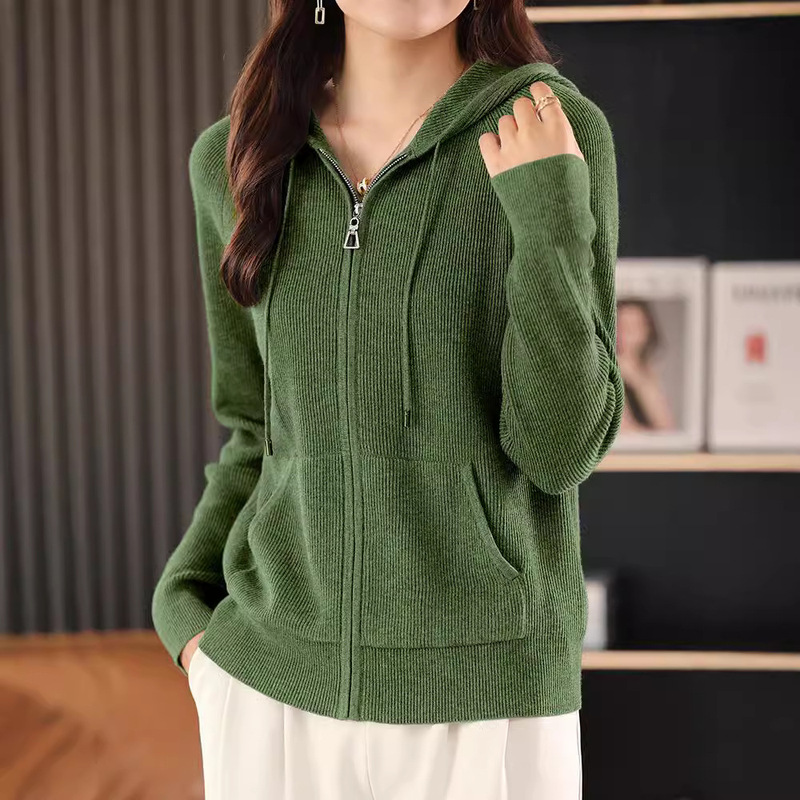 Autumn and Winter New Women's Hooded Knitted Cardigan Women's Autumn Casual Zipper Sweater Jacket Loose Top for Hair