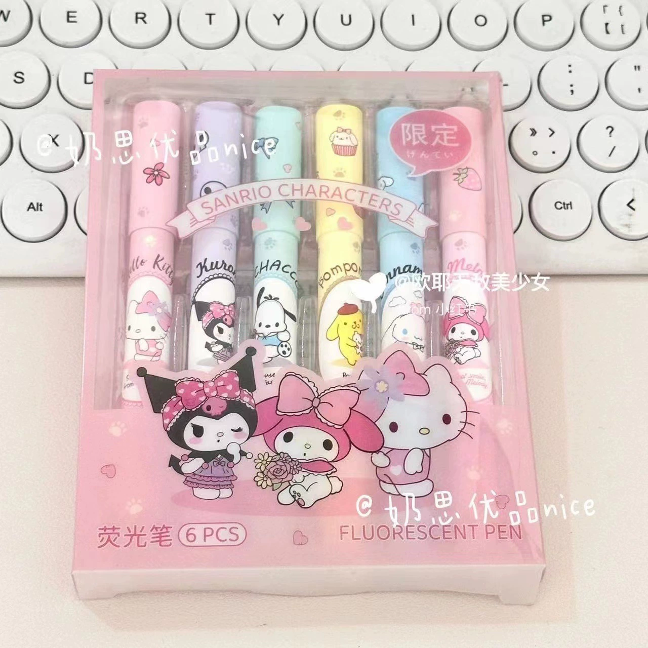 Fluorescent Marker (Sanrio) Oblique Tip, Pastel 6‑Pack Highlighters for Students