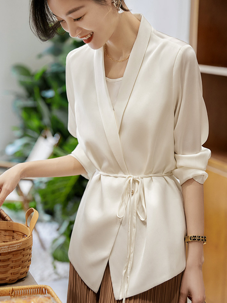 Áo sơ mi blazer satin Pháp dáng rộng tay dài đa năng — đen
