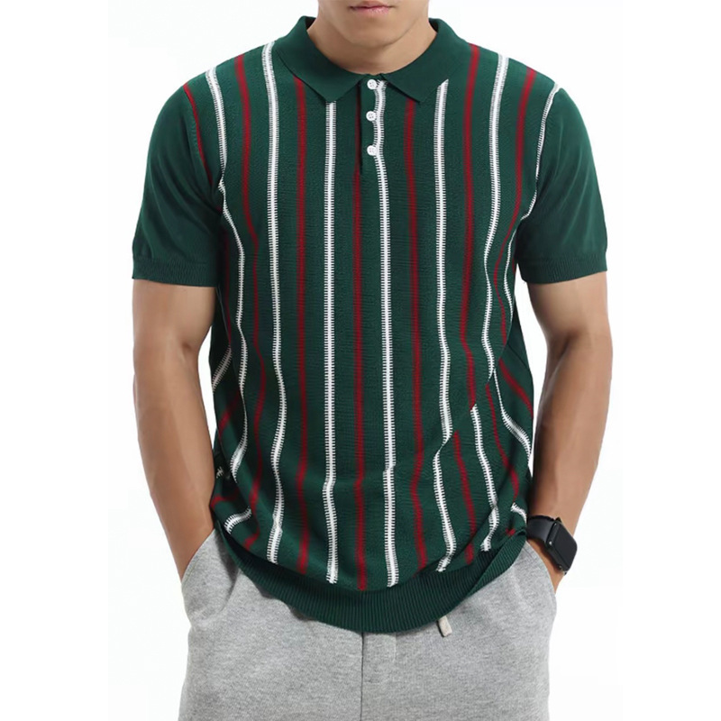 Polo camiseta de punto camiseta de manga corta camiseta de hombre solapa vertical rayas viejos negocios hielo seda fábrica transfronteriza al por mayor