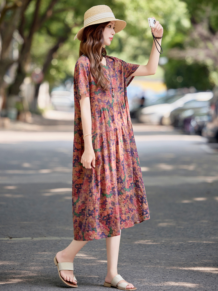 Đầm maxi nữ cotton linen in họa tiết thắt eo 2025 — Màu ảnh 03, Màu ảnh 04, Màu ảnh 01, Màu ảnh 02