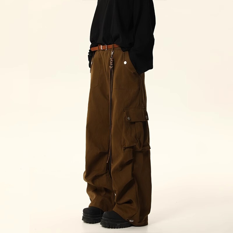 American Retro Maillard Brown Paratrooper Crane Pants for Men and Women Autumn Loose Straight Wide Leg Pants Casual Mop Pants