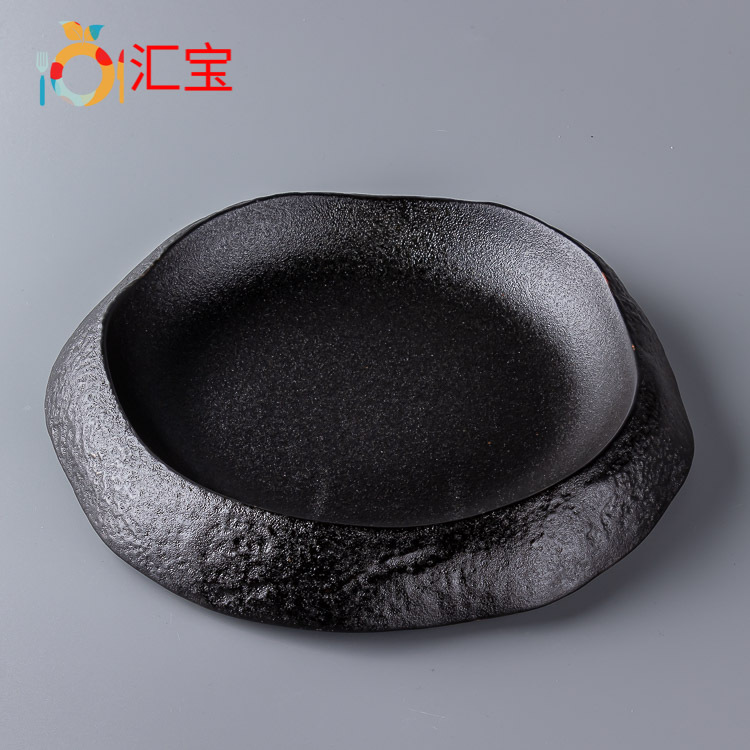 Frosted Black Stone Pattern Ceramic 9.5inch Round Wide-Rimmed Soup Plate Molecular Cuisine Western Ceramic Plate Creative
