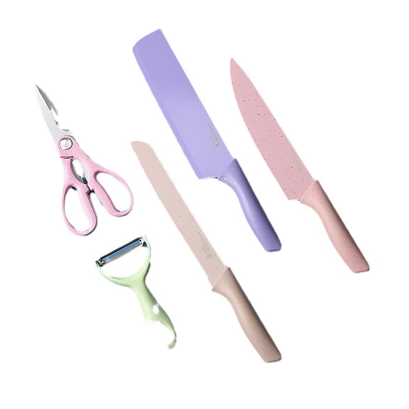 Color cuchillo traje Acero inoxidable trigo polo 6-piezas conjunto de cuchillo de paja de trigo traje 7-piezas conjunto cuchillo con tablero de corte de regalo