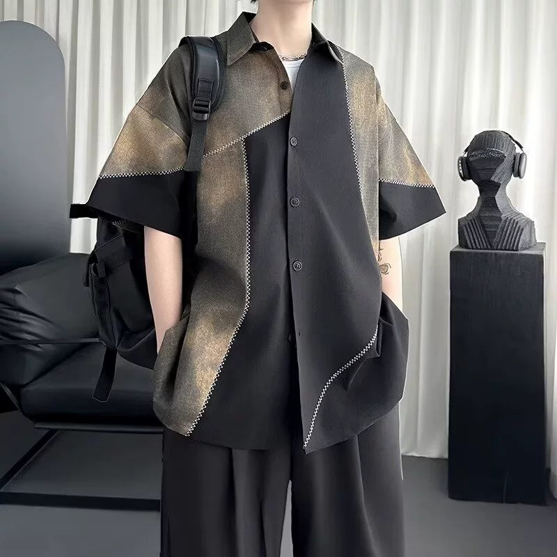 Мужская рубашка в стиле ретро в стиле японского пэчворка, весенне-летняя винтажная дизайнерская модная рубашка с короткими рукавами и цветными блоками.