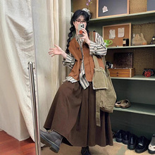 日系软妹森系简约马甲女学生秋复古半身裙休闲衬衫套装