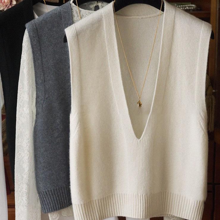 Estilo coreano suéter con cuello en V profundo Chaleco de punto de las mujeres apiladas suéter sin mangas de Cachemira chaleco desgaste exterior chaleco image 4
