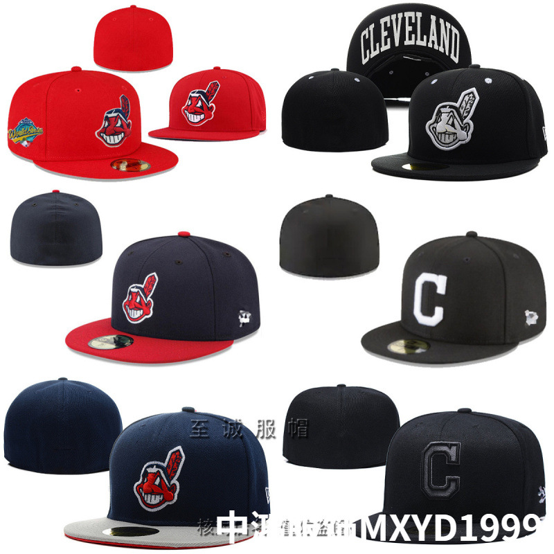 Indians baseball cap for men and women, fully enclosed embroidered flat-brim non-adjustable hat, wholesale