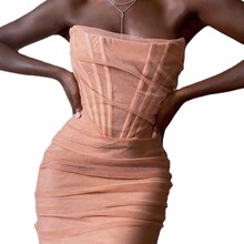 跨境 2024夏季女装新款欧美夜店露肩一字领网纱裹胸中裙连衣裙夏