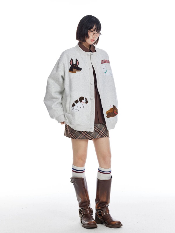 2025春秋新作無性別風学院子犬刺繍布飾り丸襟カーディガン男女ジャケット|undefined