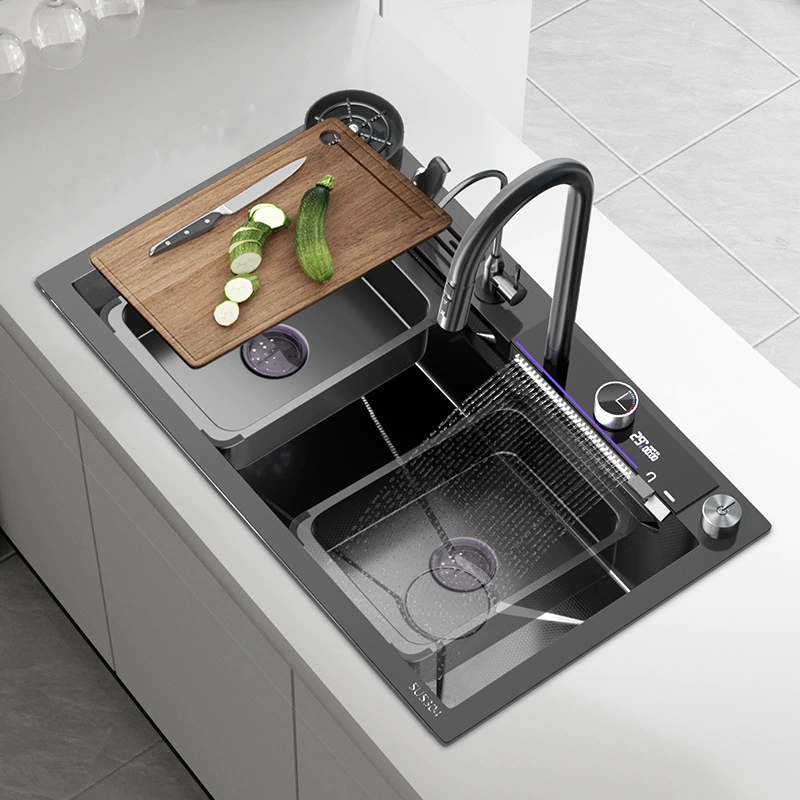 Nano waterfall digital display large single trough 304 stainless steel sink kitchen household dishwasher pool thickened