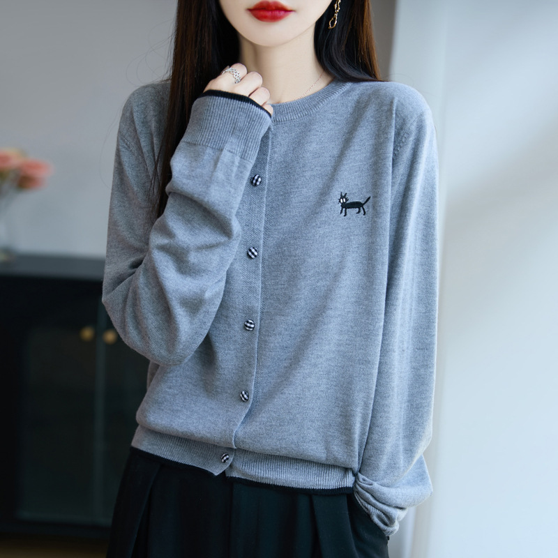 春秋新款小香风圆领针织开衫女长袖拼色刺绣小狗女装毛衣外套上衣|undefined