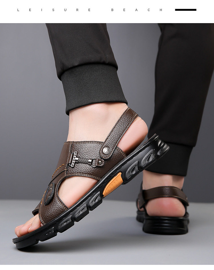 Dép sandal nam da bò thật quai ngang hở mũi, đế mềm chống trượt, đi biển và đi ngoài trời — GX màu nâu 23088, GX đen 23088 chi tiết 19