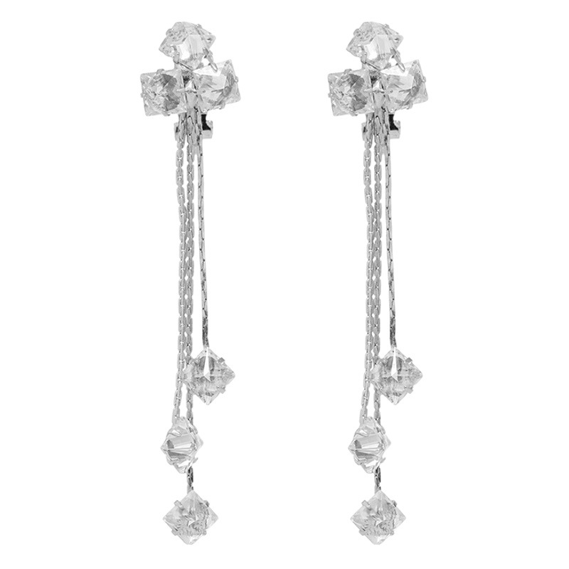 Trendy Korean version of long temperament slim tassel earrings square zircon ear clip earrings manufacturers wholesale