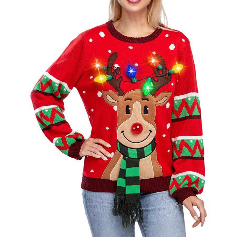 2026 Source Factory Customizes Designs and Patterns from Drawings and Samples: Women's Christmas Jacquard Sweater with European and American Style Lantern and Reindeer Motifs