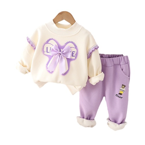 Children's Winter  New Arrival Sports Butterfly Knot Children's Fleece Winter Hoodie Set of 2 Factory Wholesale