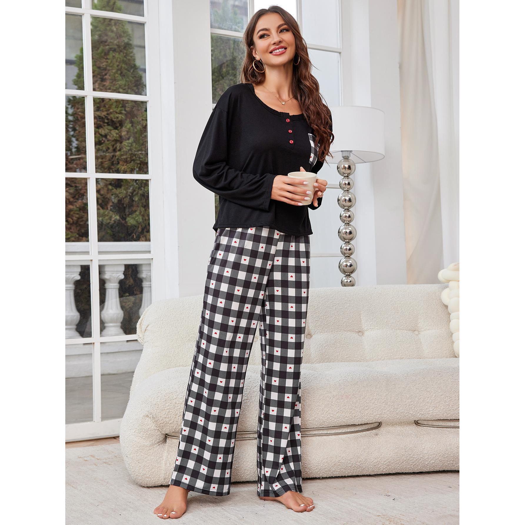 Sleepwear for women, spring and autumn checkered long sleeved cardigan, two-piece home suit_voghion.com