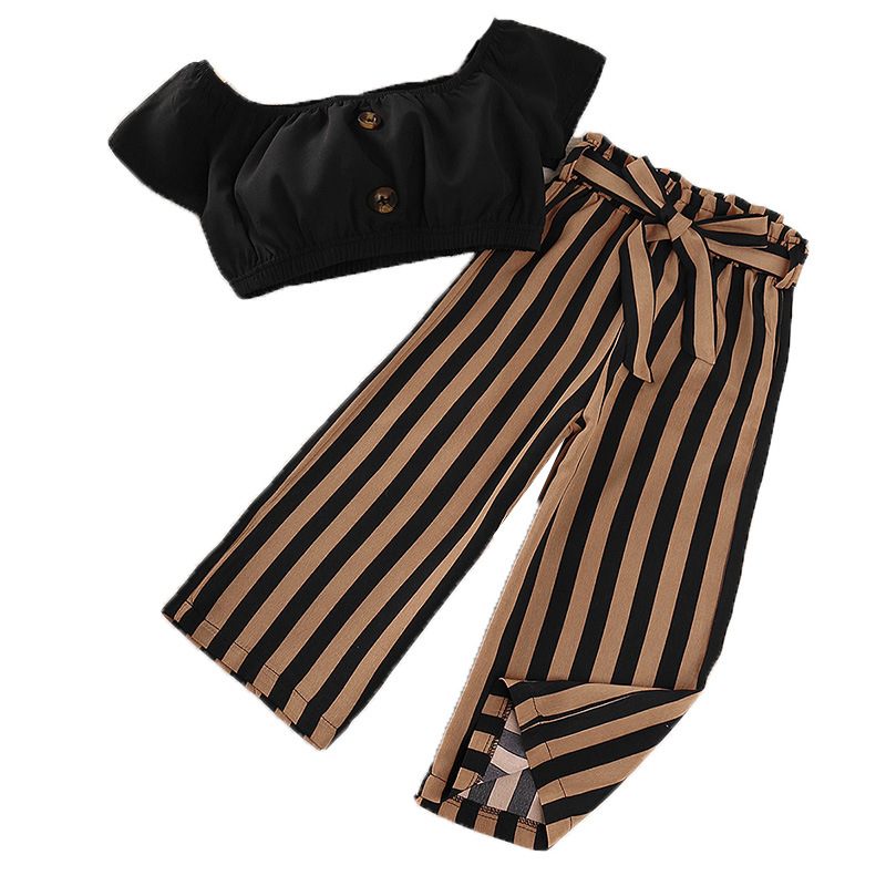 Σετ για κορίτσια 2024 Καλοκαίρι Νέο με έναν ώμο, κοντομάνικο τοπ με ριγέ μακρύ παντελόνι δύο τεμαχίων, παιδικά ρούχα_voghion.com