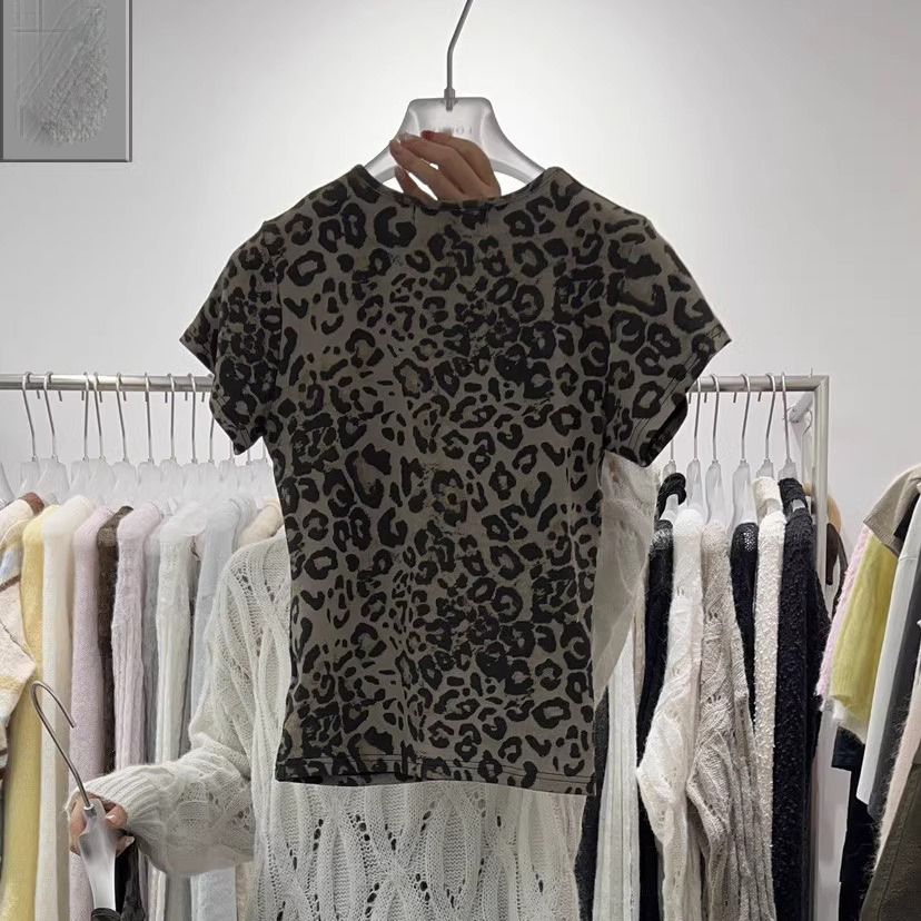 2025 Korean goods Dongdaemen autumn and winter new women's clothing Korean version round neck leopard print slim base short-sleeved T-shirt