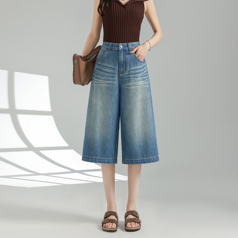 Summer Selection of Blue Tencel + Natural Hemp Cropped Wide-Leg Jeans, Ultra-Thin and Lightweight, Simple Style for Women