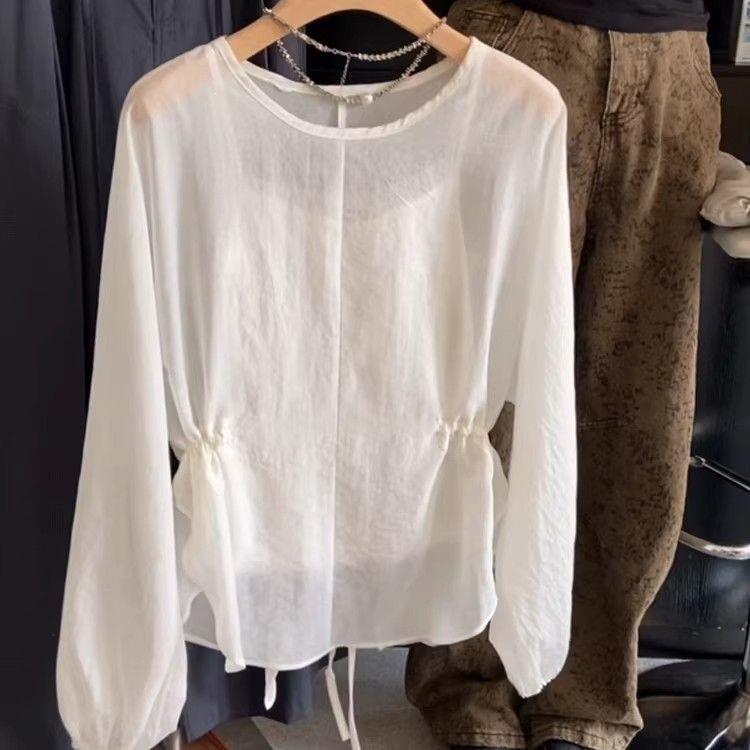 Back Slit Shirt with Tie, White Sun-Protective Shirt for Women, Summer Lazy Style, Thin and Stylish, Waist-Cinching, Slimming Top