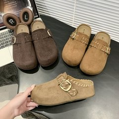 厚底勃肯拖鞋女款2025年秋冬季新款厚底花边包头半拖鞋女厂家批发