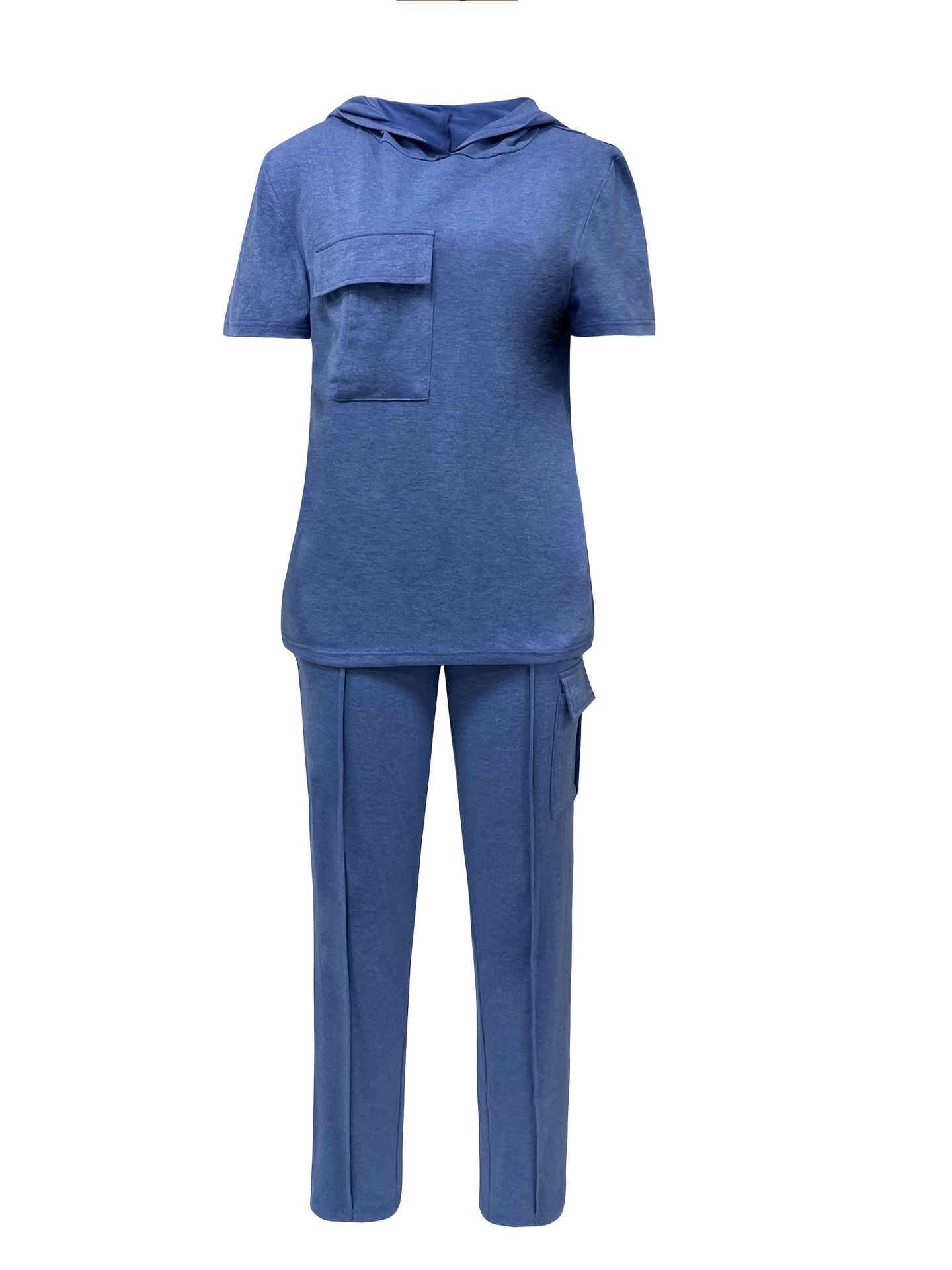 Women's Casual Hooded T-Shirt & Straight Leg Pants Set - Solid Color Lounge Outfit (S-XXL, Blue/Black/Gray/Red)_ecoleips.com