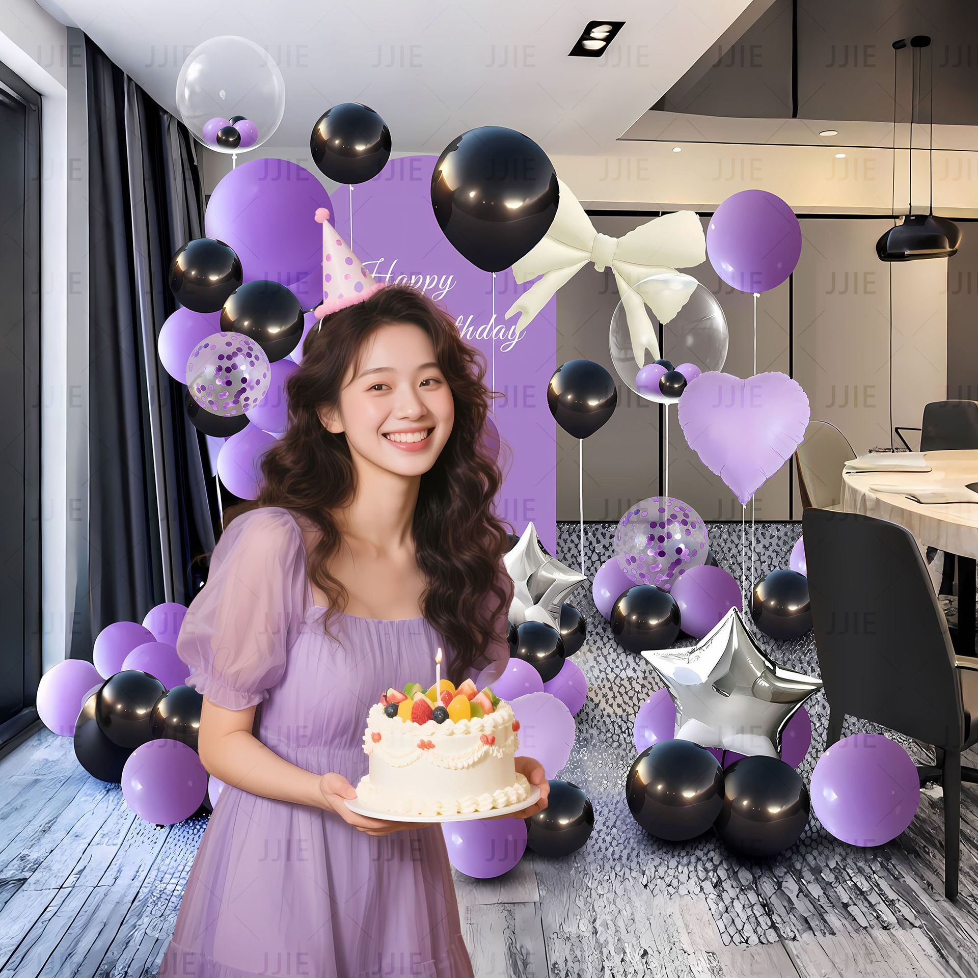 Cumpleaños sorpresa feliz globo fiesta decoración escena diseño novio marido atmósfera avanzada props