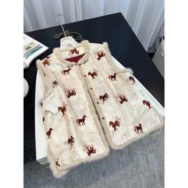 红色小马提花新中式国风马甲夹棉女秋冬季毛毛盘扣唐装加厚外套厚