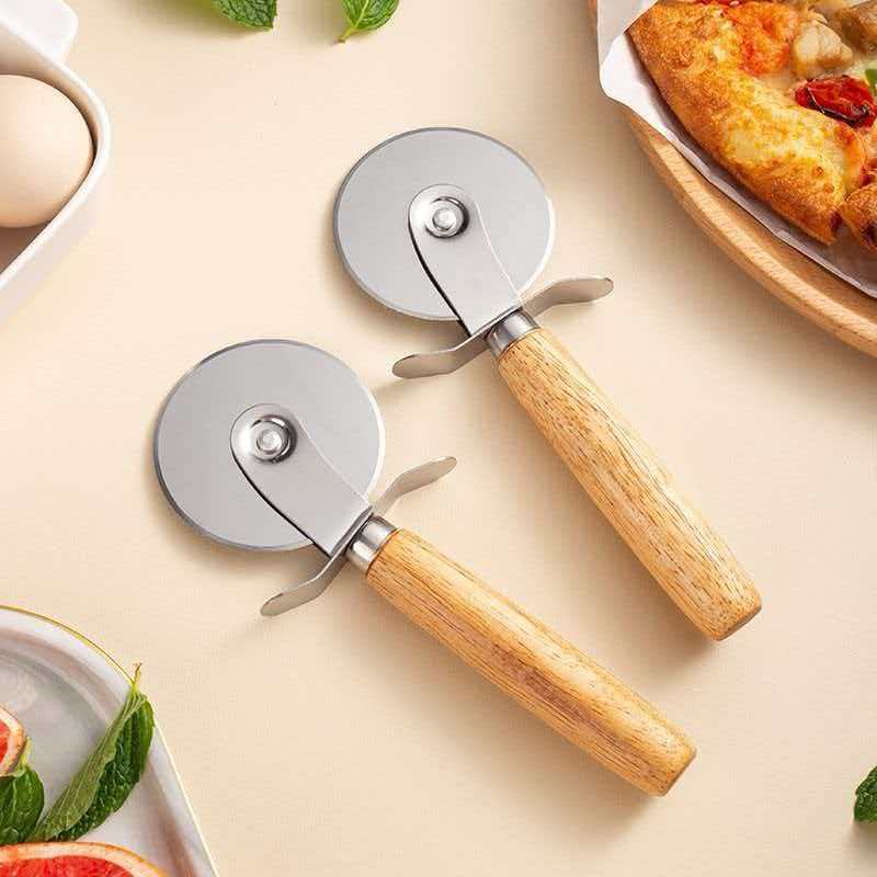 Cuchillo de pizza de acero inoxidable cuchillo de madera cuchillo de pizza cuchillo de pastel cuchillo de rodillo único cuchillo de horneado de pizza