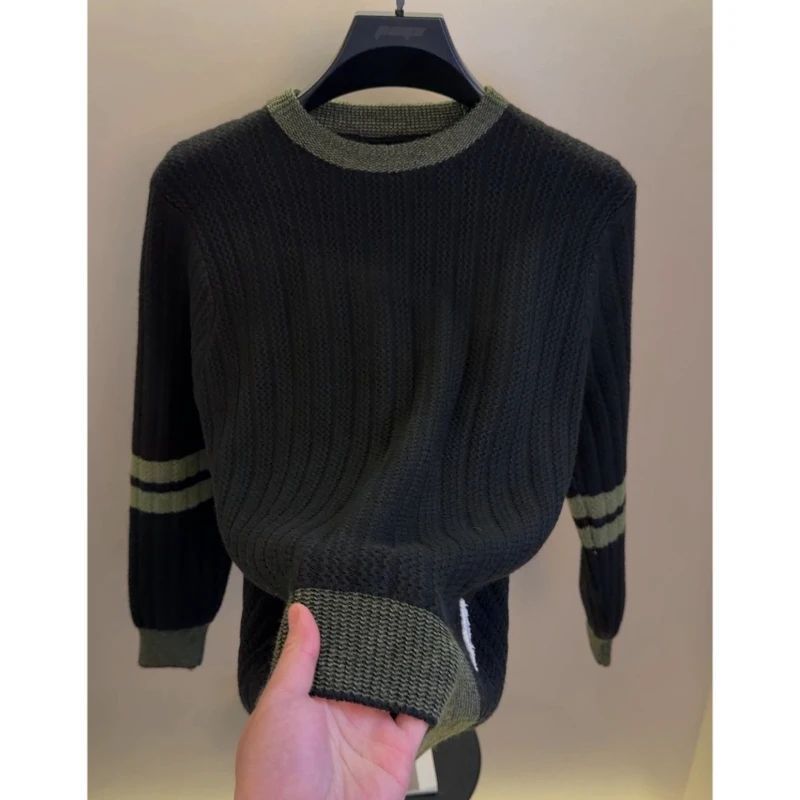 2025新款冬季针织衫印花手臂线衣男装内搭圆领上衣条纹打底 代发