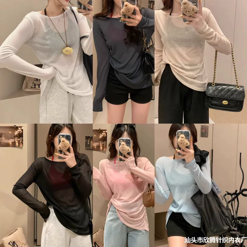 Summer sun protection clothing for students, silk thin long-sleeve, T-shirt, Korean style, UV protection