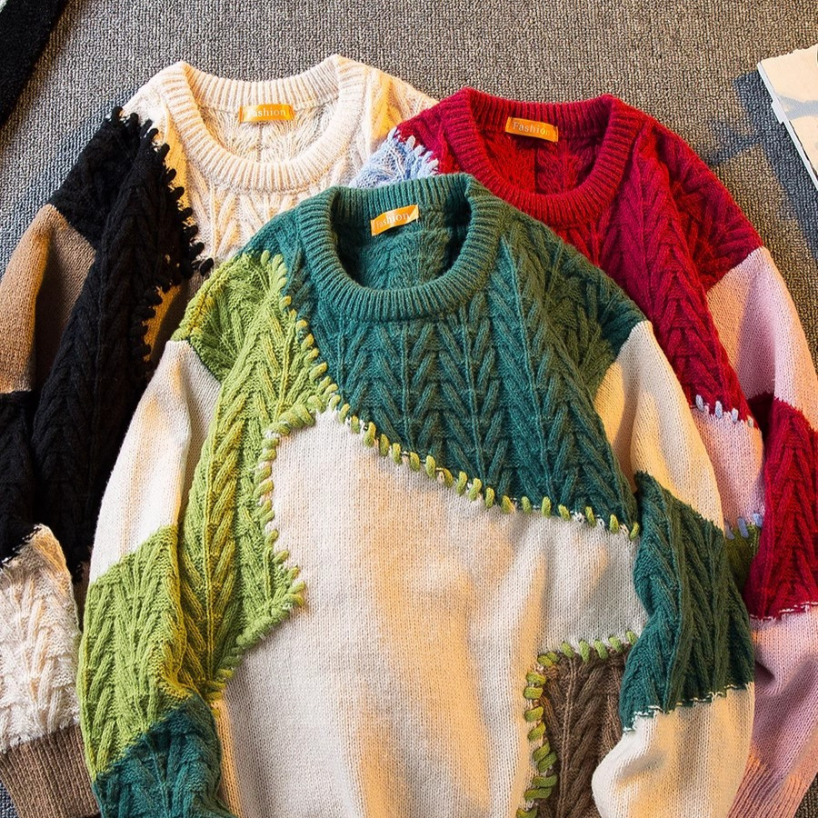 Moda comercio exterior pedido diario RC otoño e invierno nuevo producto costura japonesa contraste color jersey de longitud media suéter de punto oversize