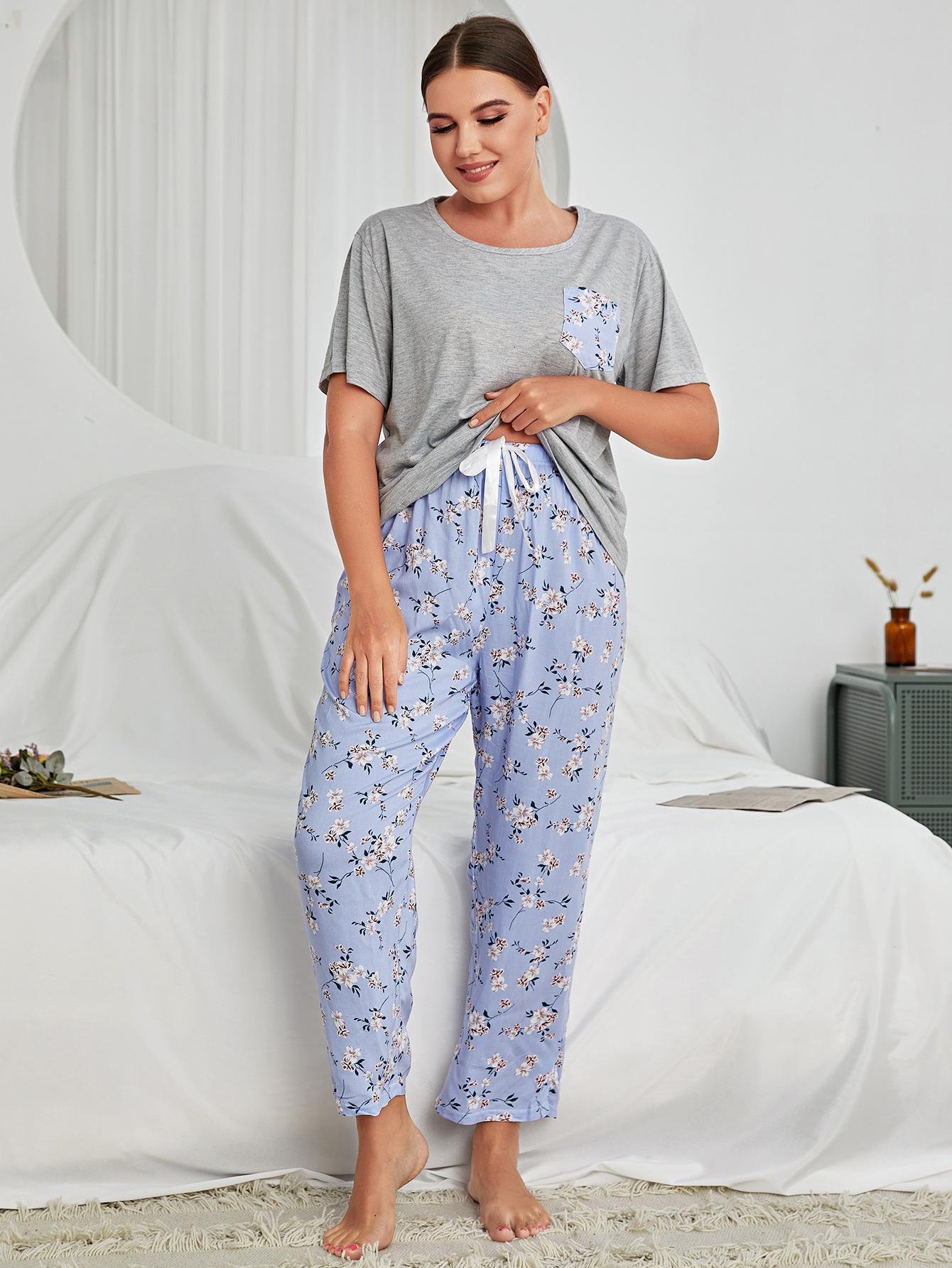 plus size short-sleeved high waist loose floral two-piece Loungewear-Can be worn outside NSWFC130328