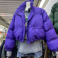 冬季小短款立领棉衣高腰抽绳撞色条纹保暖面包服外套百搭棉服女
