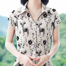 妈妈薄款真丝衬衫女时尚短袖衬衣夏季新款印花桑蚕丝上衣洋气小衫