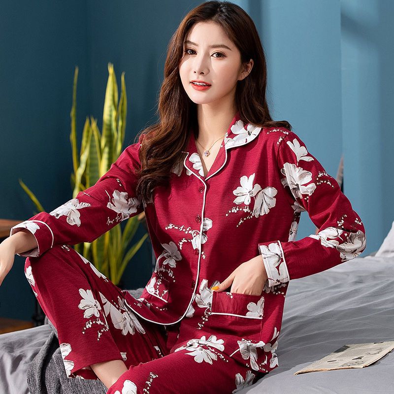 100 순면 고급 잠옷 여성의 봄과 가을 긴팔 중년 및 노인 플러스 사이즈 홈 세트 겨울 여름날 투피스 세트