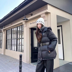 高级感羽绒棉服女2025冬季新款设计韩版三角标中长款收腰连帽棉衣