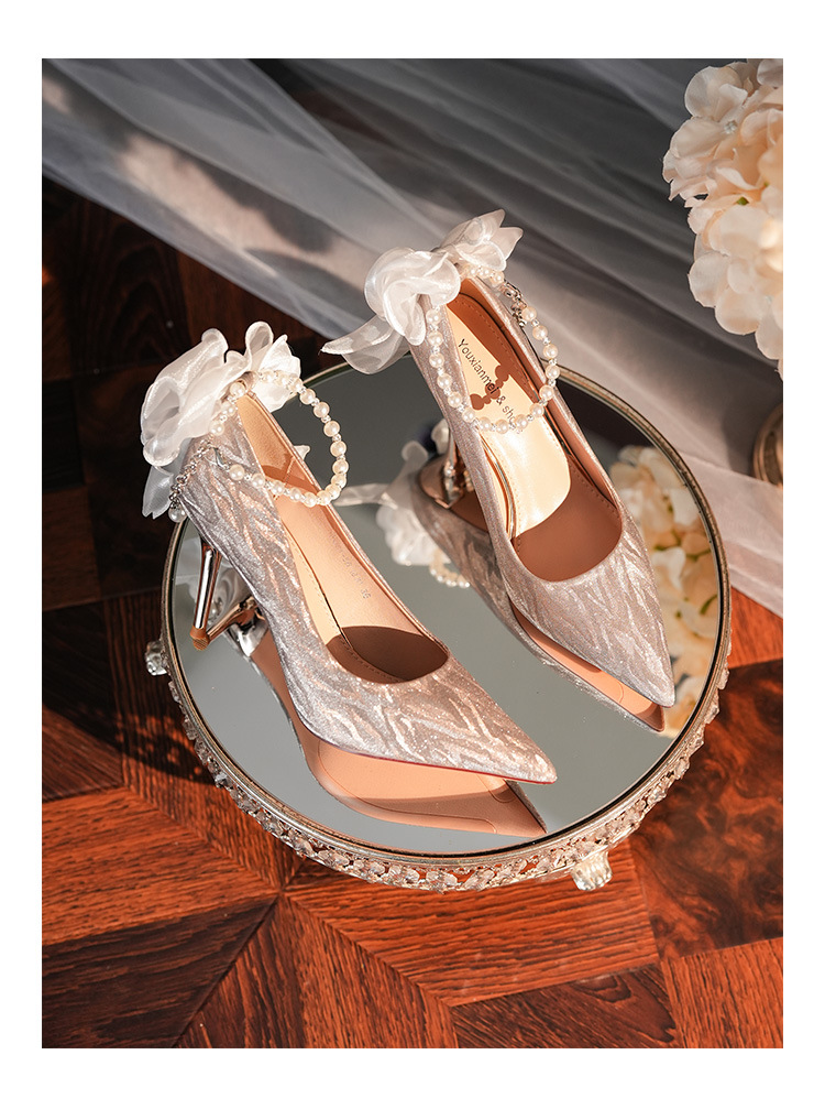 6681-58-041 Pointed Toe Stiletto Heel Shallow Mouth Women's High Heels French Bow Elegant Socialite Wedding Shoes_voghion.com