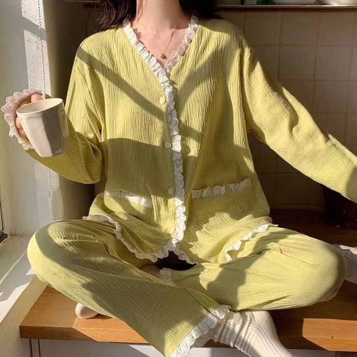 Venta al por mayor transfronteriza con almohadilla para el pecho Nubes de algodón Pijamas de primavera y otoño Pantalones de manga larga para mujer Nuevo estilo Cárdigan de encaje dulce Servicio a domicilio