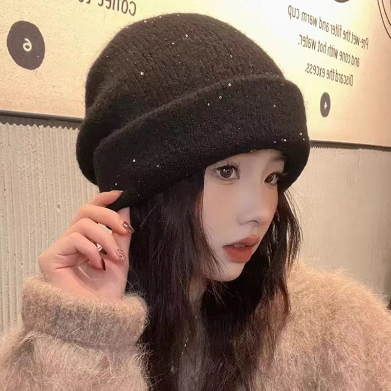 秋冬慵懒风亮片加厚堆堆帽韩系防风保暖套头帽休闲百搭显脸小冷帽|undefined