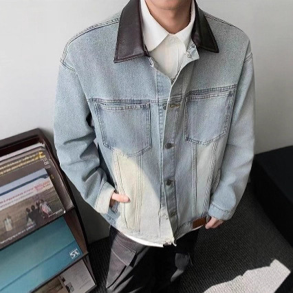 Cross-Border American Retro Pu Leather Splicing Denim Jacket Men's Spring, Autumn and Winter Trendy Brand Street Loose Bf Lapel Jacket