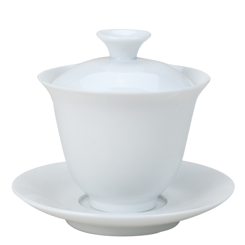 Juego de té de porcelana blanca alta cubierta Tazón LOGO taza de té tres tazón fabricante de té grande y mediano tamaño pequeño tazón de té de porcelana blanca pura cubierta de tazón