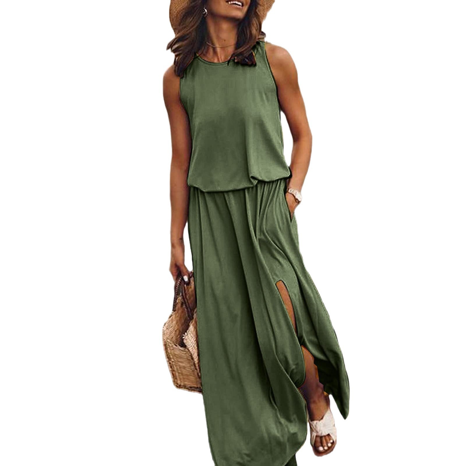 Voya Damen-Frühling/Sommer-Kollektion: Ärmelloses Top mit Rundhalsausschnitt und Schlitz im neuen europäischen und amerikanischen Stil, einfarbig_voghion.com